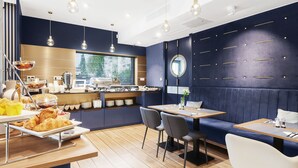 A modern restaurant with a blue and gold color scheme, featuring a buffet area, seating with tables and chairs, and pendant lighting. - Villa Testa (Sopot)