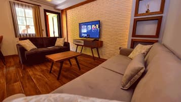 Full-size fridge, oven, stovetop, electric kettle