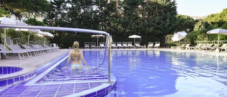 Indoor pool, outdoor pool, open 8:30 AM to 7:30 PM, pool umbrellas