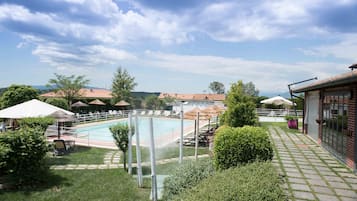 Seasonal outdoor pool, open 10:00 AM to 7:00 PM, pool umbrellas