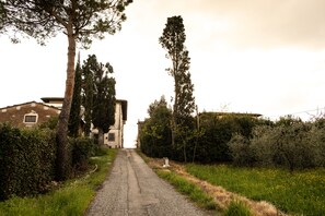 A rural road leading to a building with a sloped roof, surrounded by trees and vegetation. - La Locanda di Corrado (Cerreto Guidi)