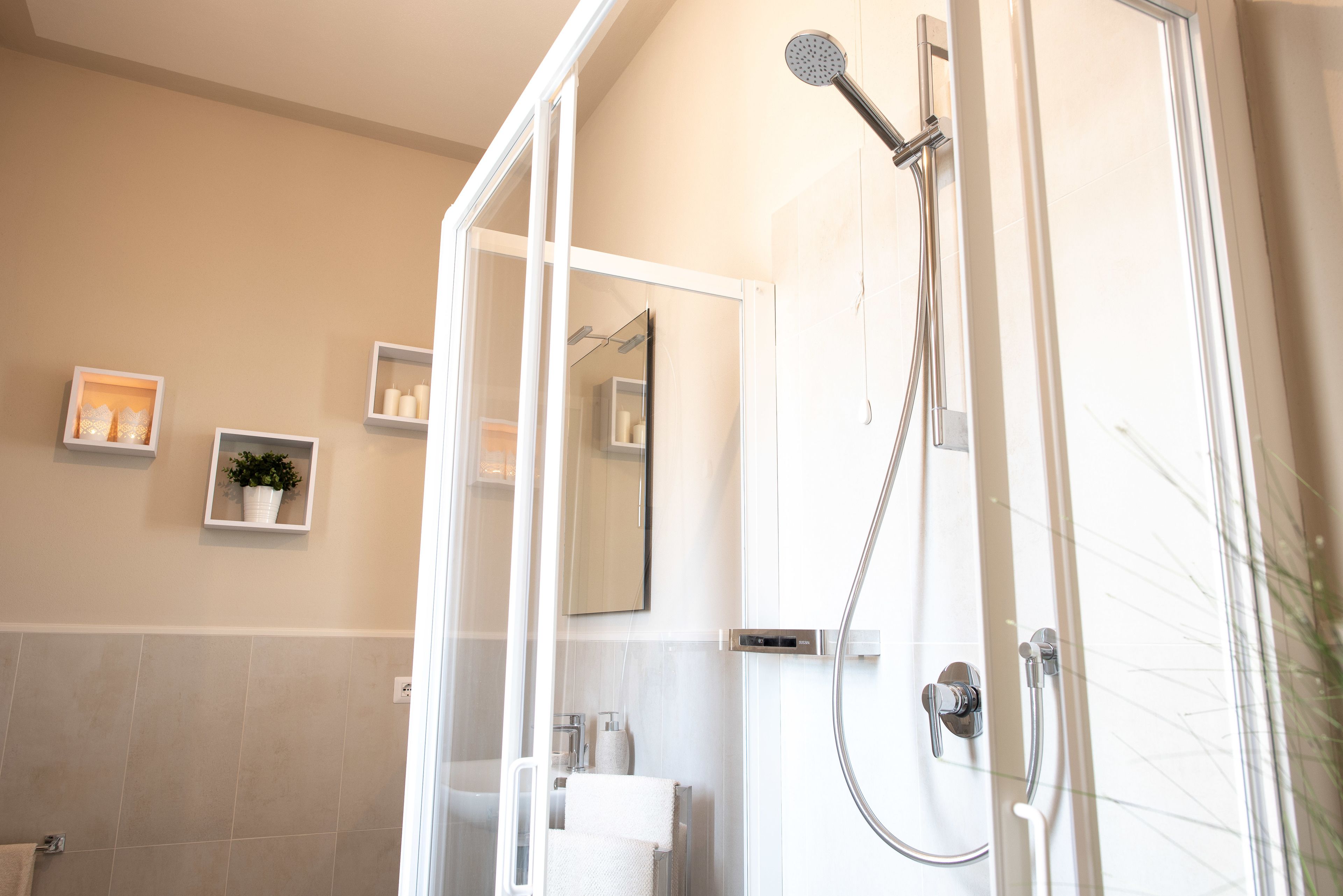 A modern bathroom with a glass shower enclosure, a white sink, and a mirror.
