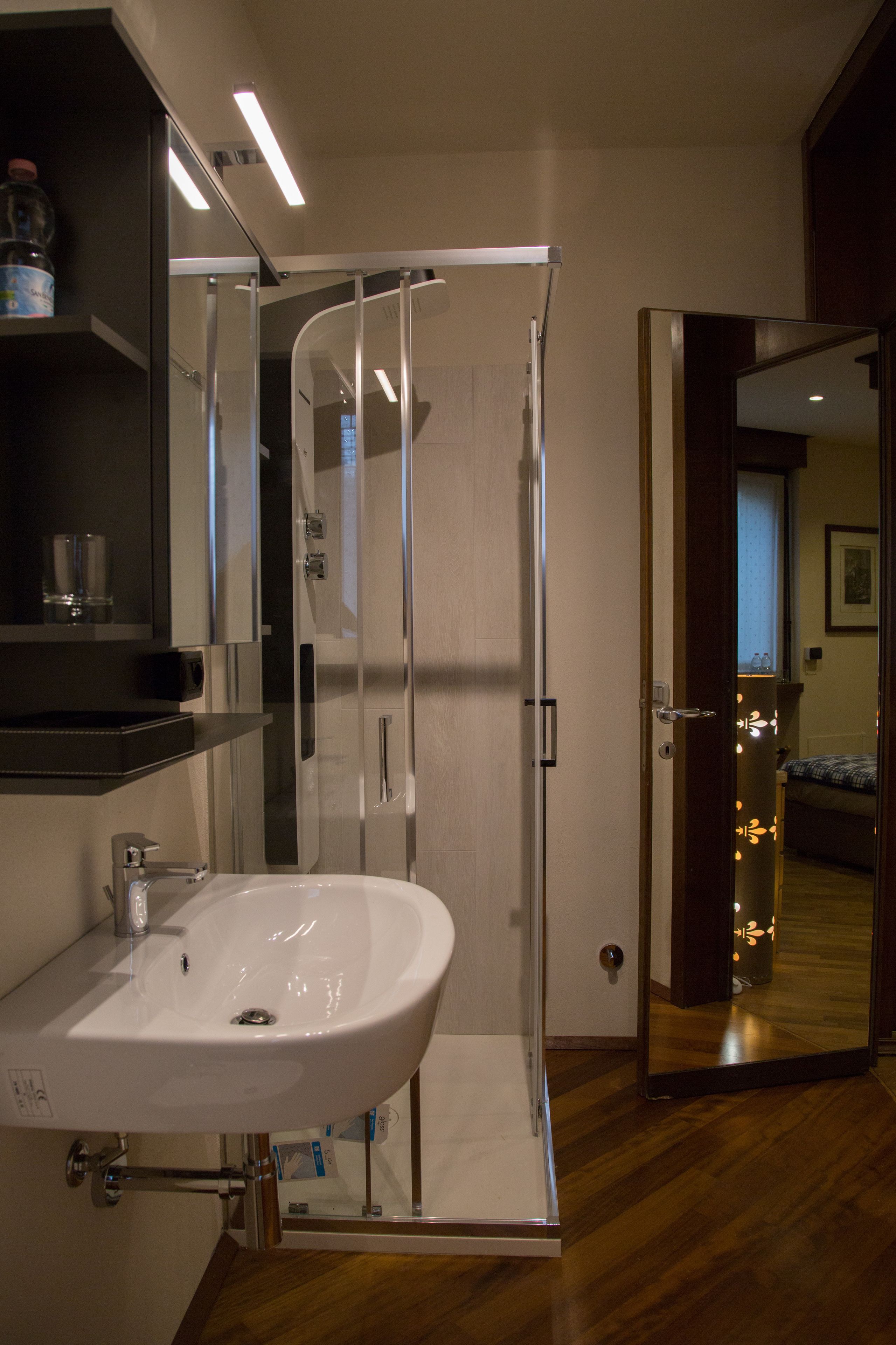 A modern bathroom with a glass-enclosed shower, a white sink, and a mirror reflecting the room.