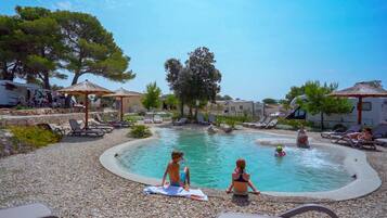 Seasonal outdoor pool, sun loungers