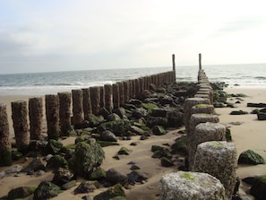 Ein Strand mit einer hölzernen Schutzmauer und verstreuten Steinen.