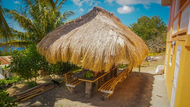 Une hutte au toit de chaume, avec un banc en bois et une table, entourée de palmiers et sous un ciel dégagé.