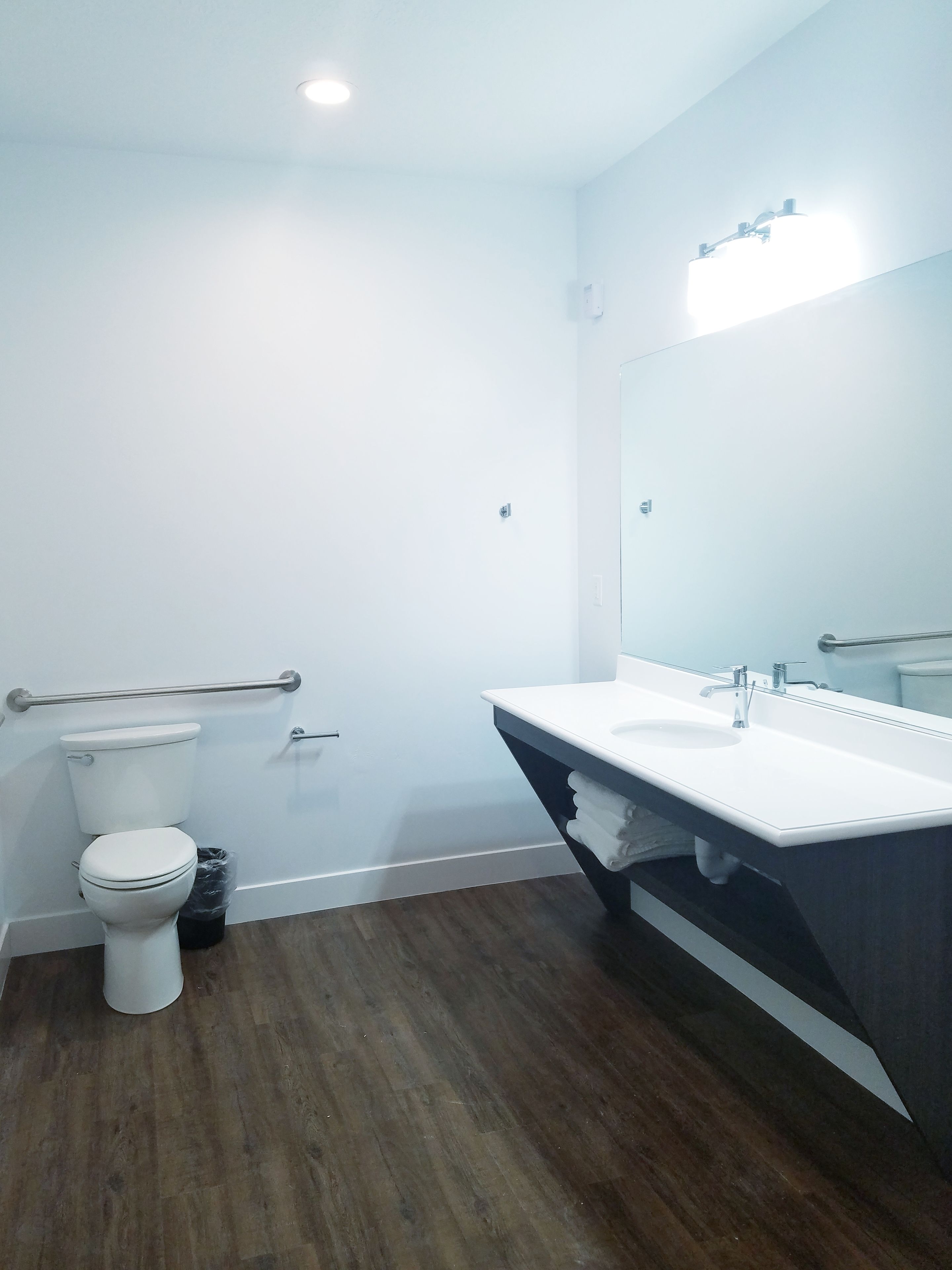 A modern bathroom with a toilet, a sink, and a mirror.