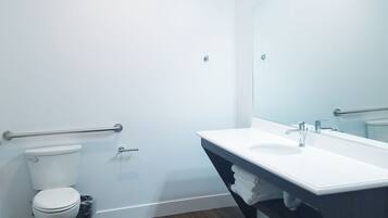 A modern bathroom with a toilet, a sink, and a mirror.