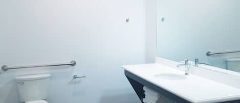 A modern bathroom with a toilet, a sink, and a mirror.