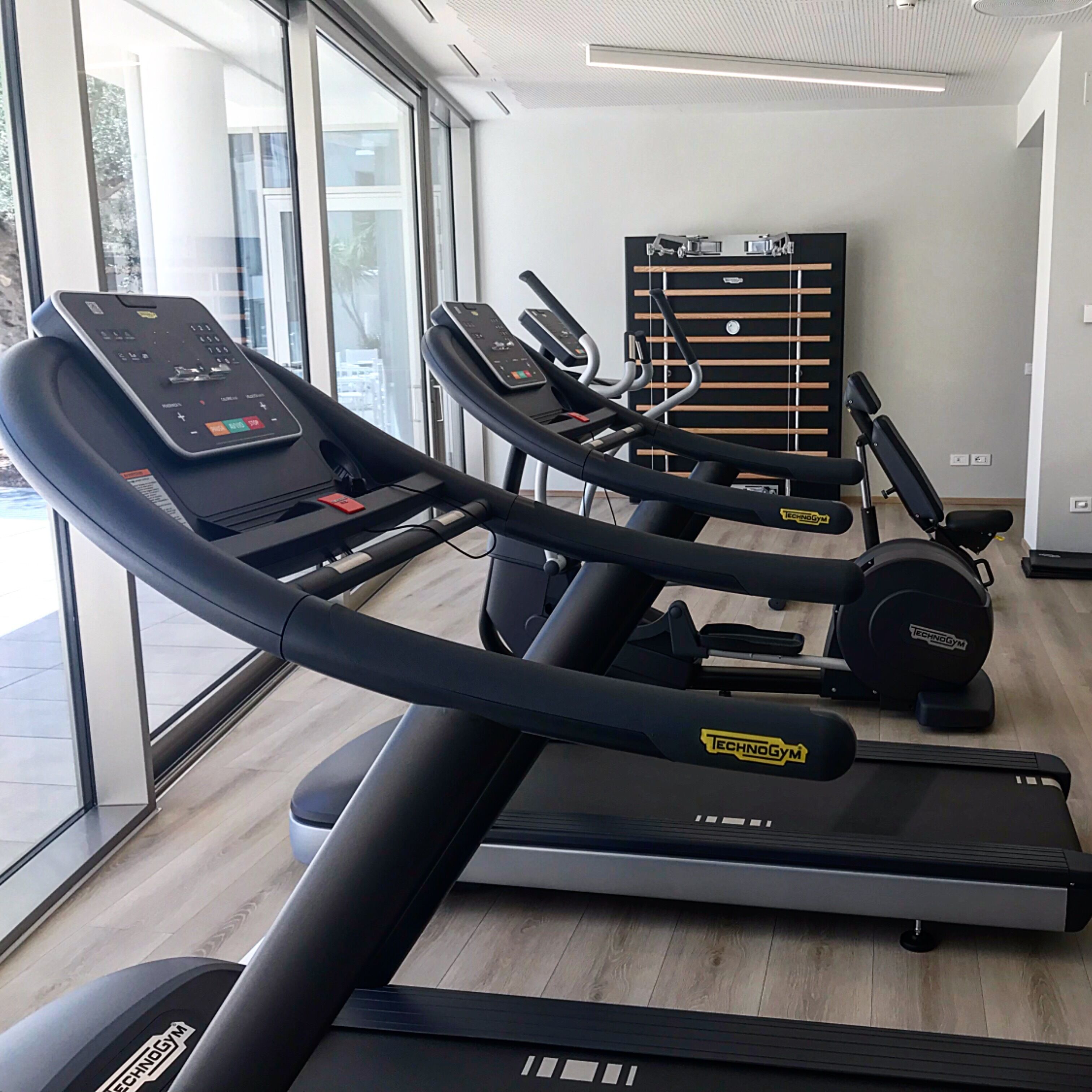 A gym with treadmills, a weight bench, and a wall-mounted exercise machine.
