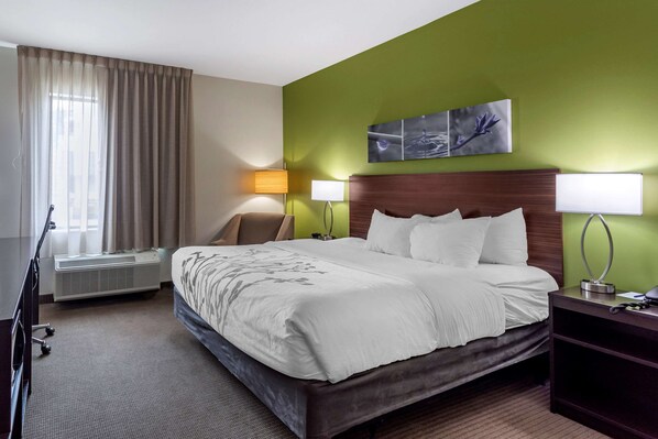 Une chambre d’hôtel avec un grand lit, deux lampes de chevet, un téléviseur à écran plat, un bureau avec une lampe et un tableau au mur.