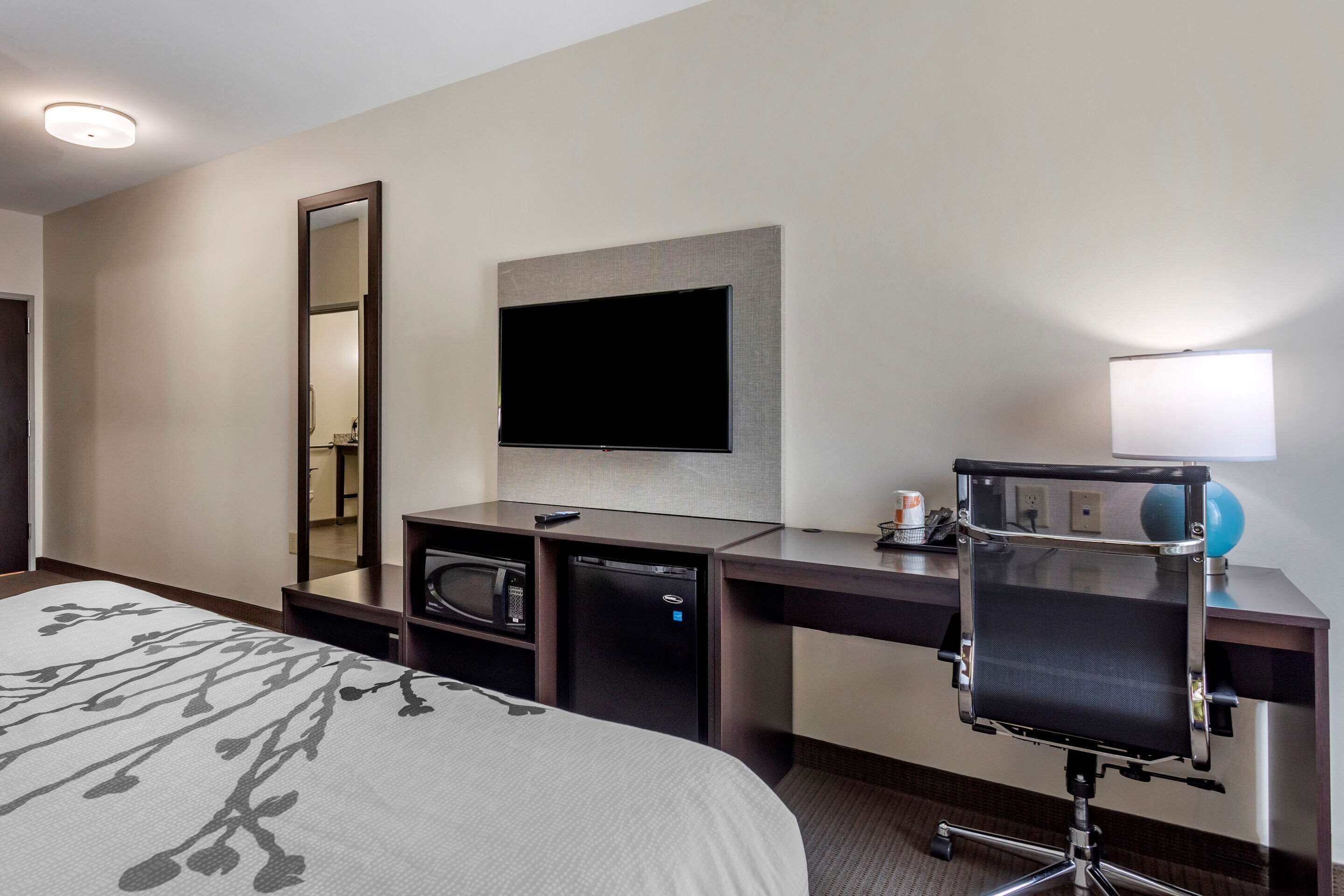 Quarto de hotel com uma cama, uma escrivaninha com computador, televisão, espelho e abajur.