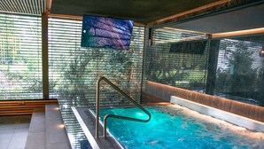 A modern indoor swimming pool with a glass barrier, a television mounted on the wall, and a view of the outdoors through large windows. - Hraniční zámeček (Lednice)