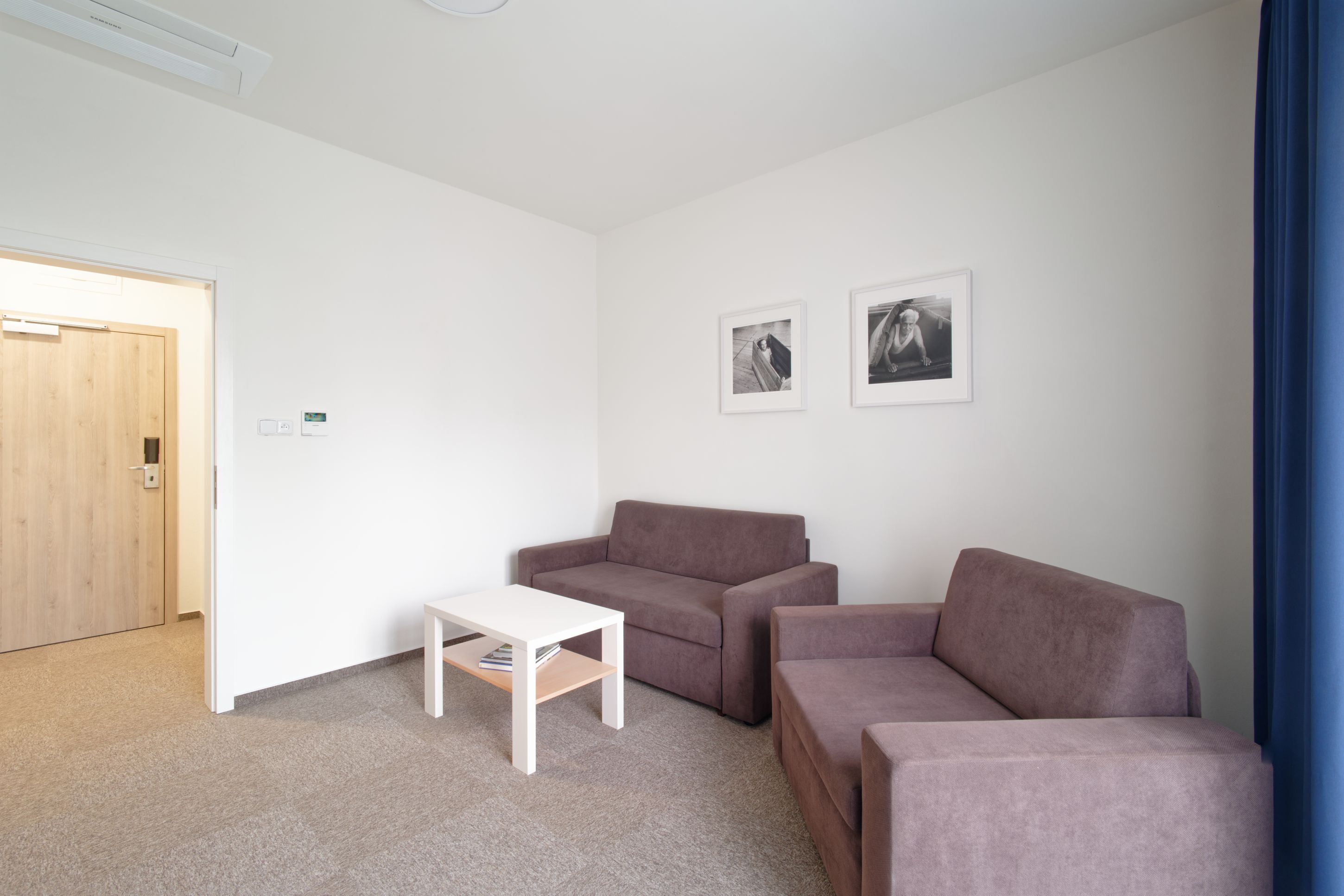 A modern living room with a wooden door, a white table, and two sofas.