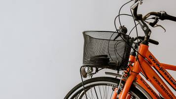 A bicycle with a basket and a website URL on the frame, leaning against a wall.
