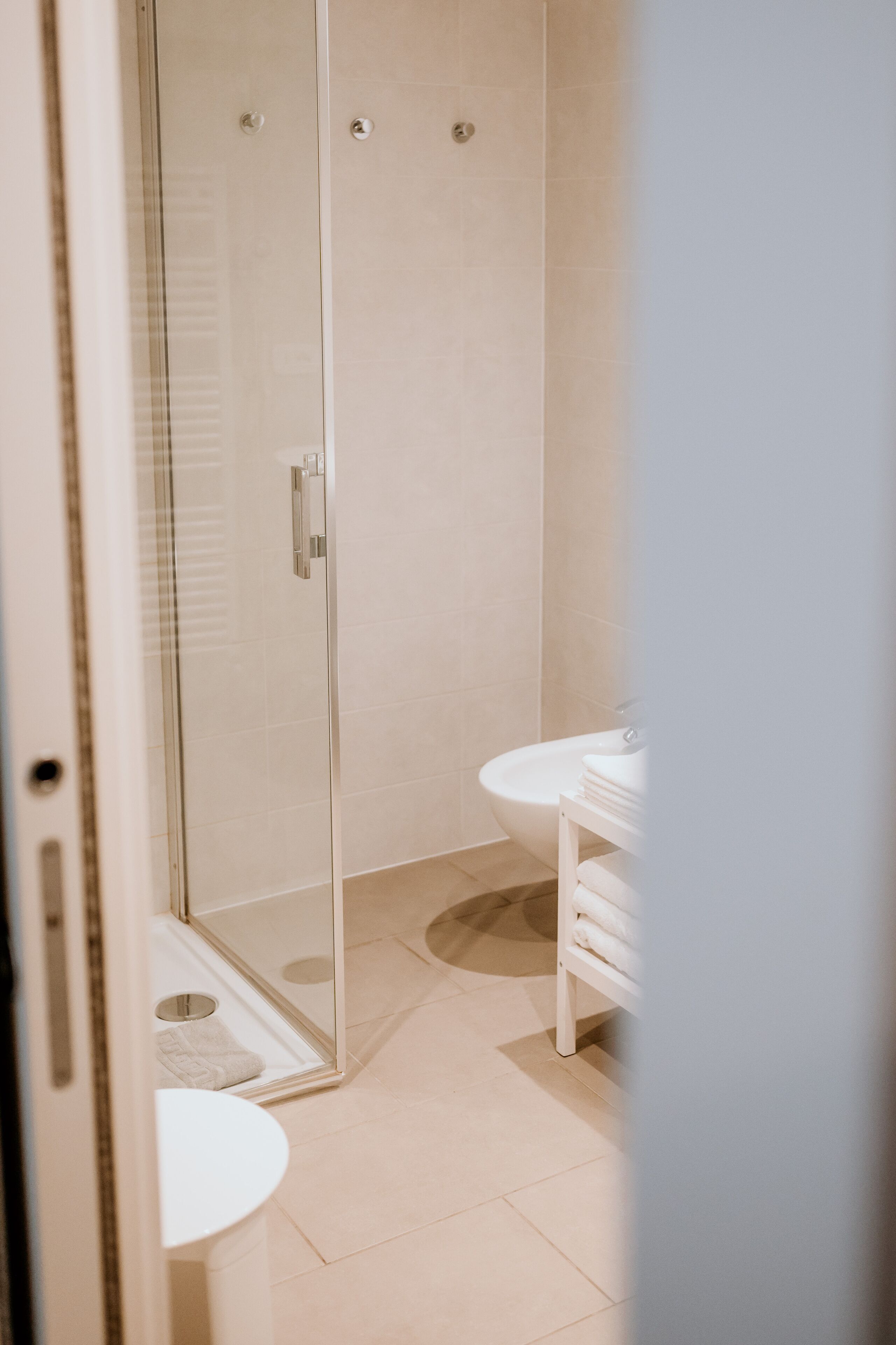 Un baño moderno con cabina de ducha de vidrio, un lavabo blanco y un inodoro.