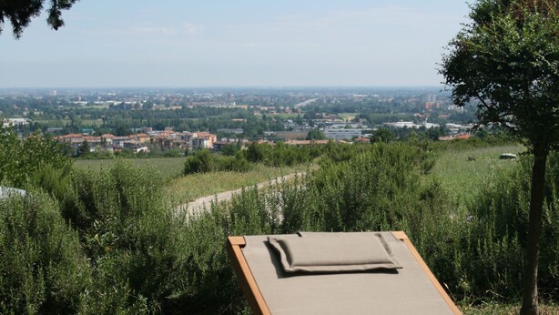 A sun lounger with a tray of food and drinks, a straw hat, and a view of a vineyard and distant buildings. - Galluzzo Ancient Country Villa (Casalecchio di Reno)
