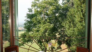 A room with two wooden chairs, a small table with a vase of flowers, and a large window offering a view of trees and a distant landscape. - Galluzzo Ancient Country Villa (Casalecchio di Reno)