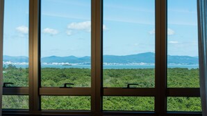 Vista a través de una ventana con cielo despejado, montañas distantes y un bosque frondoso.