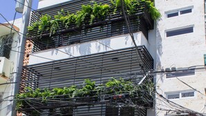 A multi-story building with balconies adorned with green plants, a visible entrance, and a sign indicating '105 Villago Residences'. - Villago Residences (Santo Domingo)