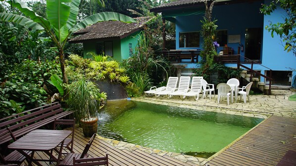 Outdoor pool, a natural pool, pool loungers