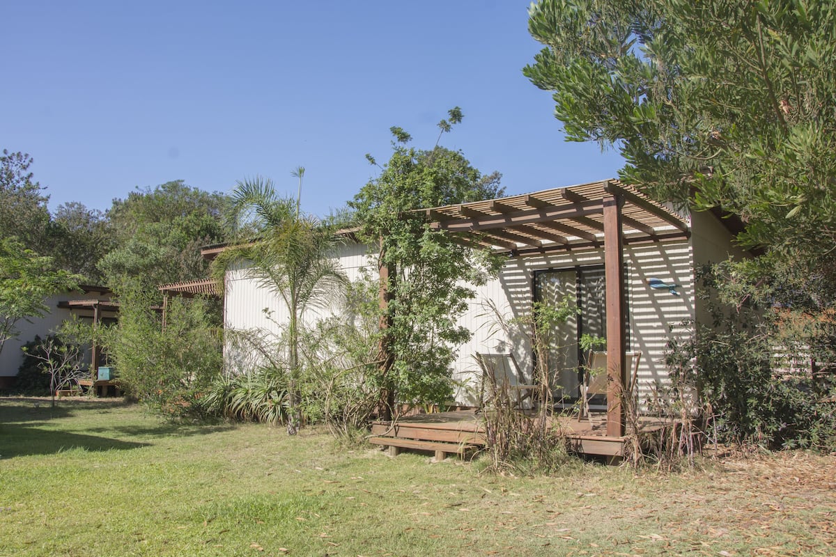 Ein überdachter Außenbereich mit einer Holz-Pergola, umgeben von Grünpflanzen und einem Gebäude im Hintergrund.
