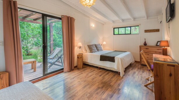 Une chambre à coucher avec un lit, des tables de chevet, une commode, un téléviseur et une vue sur la verdure.