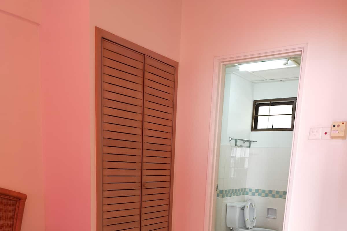 Desk, blackout curtains, iron/ironing board, bed sheets