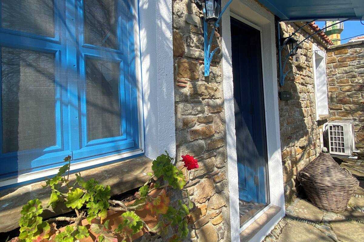 A stone building with a blue door and windows, a wicker basket, and a potted plant.