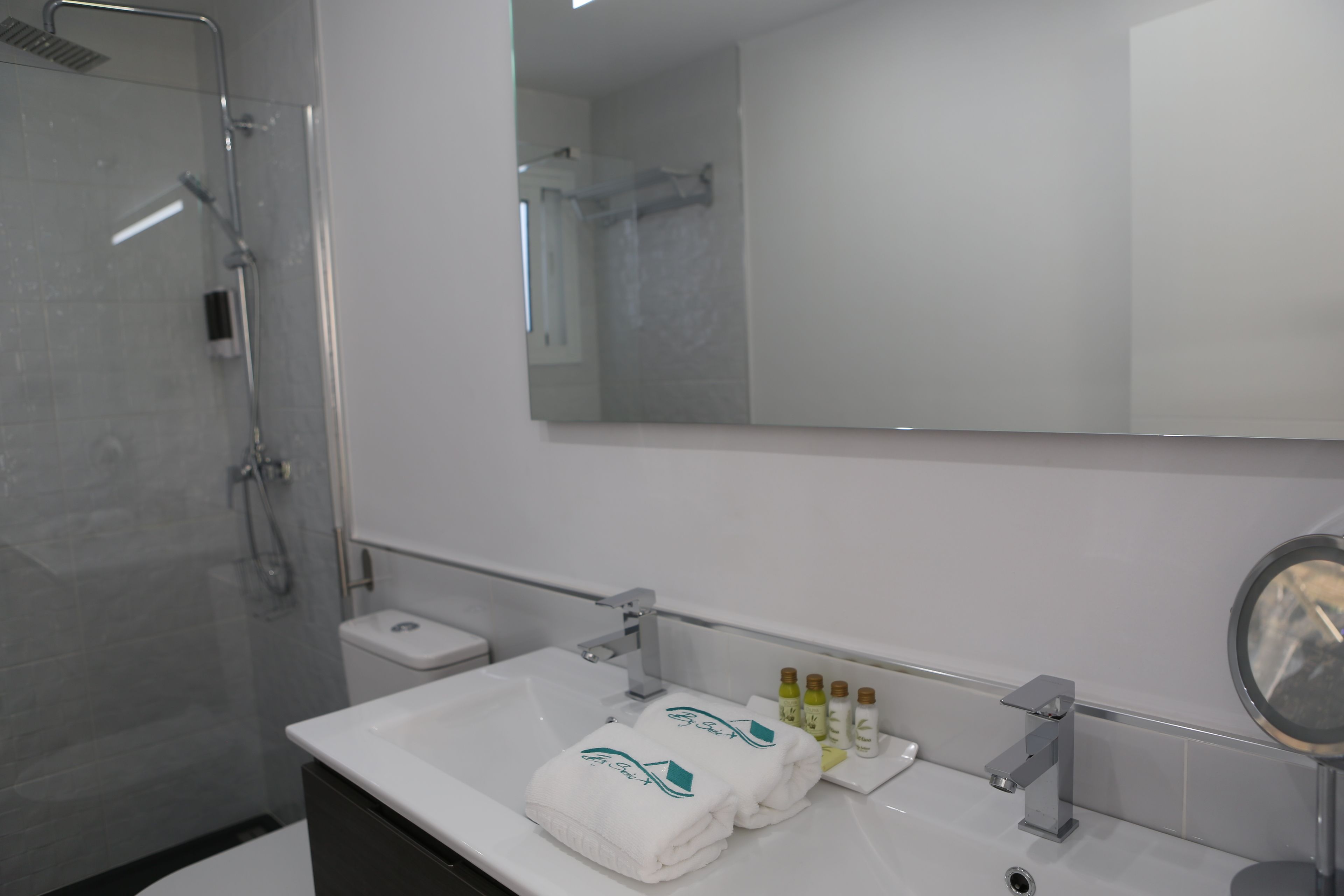Een moderne badkamer met een douchecabine van glas, een witte wastafel met een spiegel erboven en netjes opgevouwen handdoeken op het aanrecht.