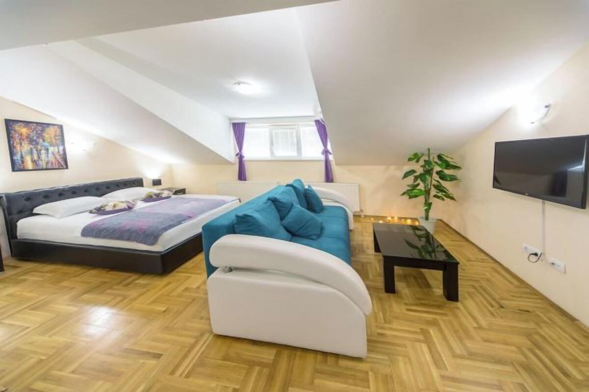 A bedroom with a bed, a sofa, a TV, and a plant.