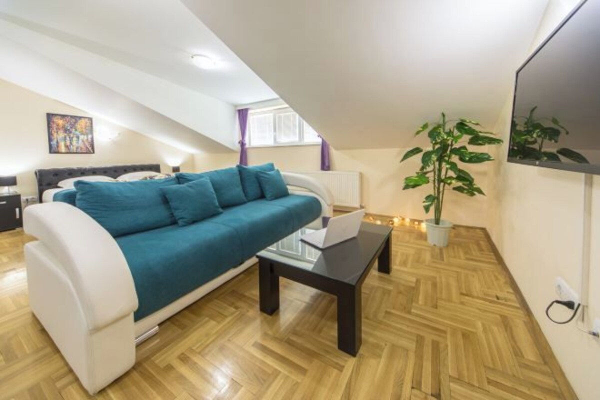 Una sala de estar moderna con un sofá, una mesa de centro, una planta y un televisor.