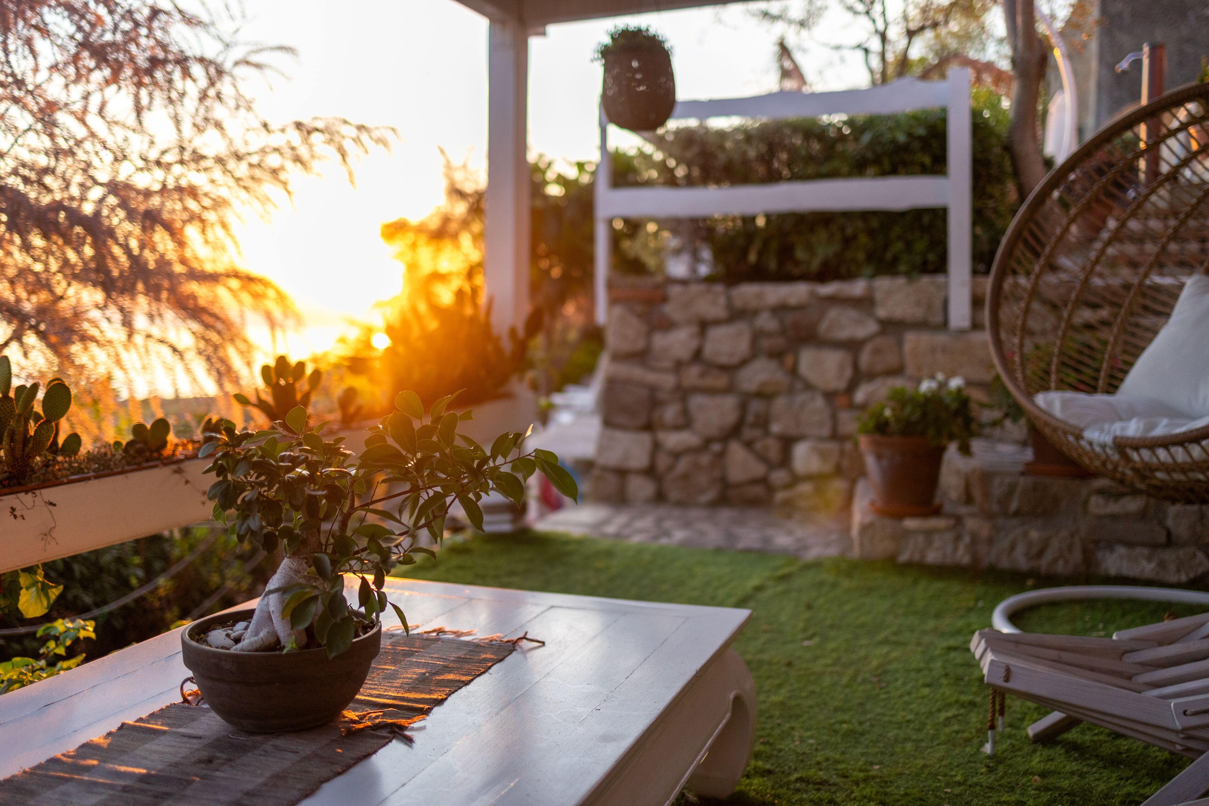 Un patio con una mesa de madera, una planta en maceta, una silla de mimbre y un muro de piedra.