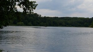 A calm lake with a boat, surrounded by dense forest and a cloudy sky. - Eine schöne Wohnung in Kupferdreh (Essen)