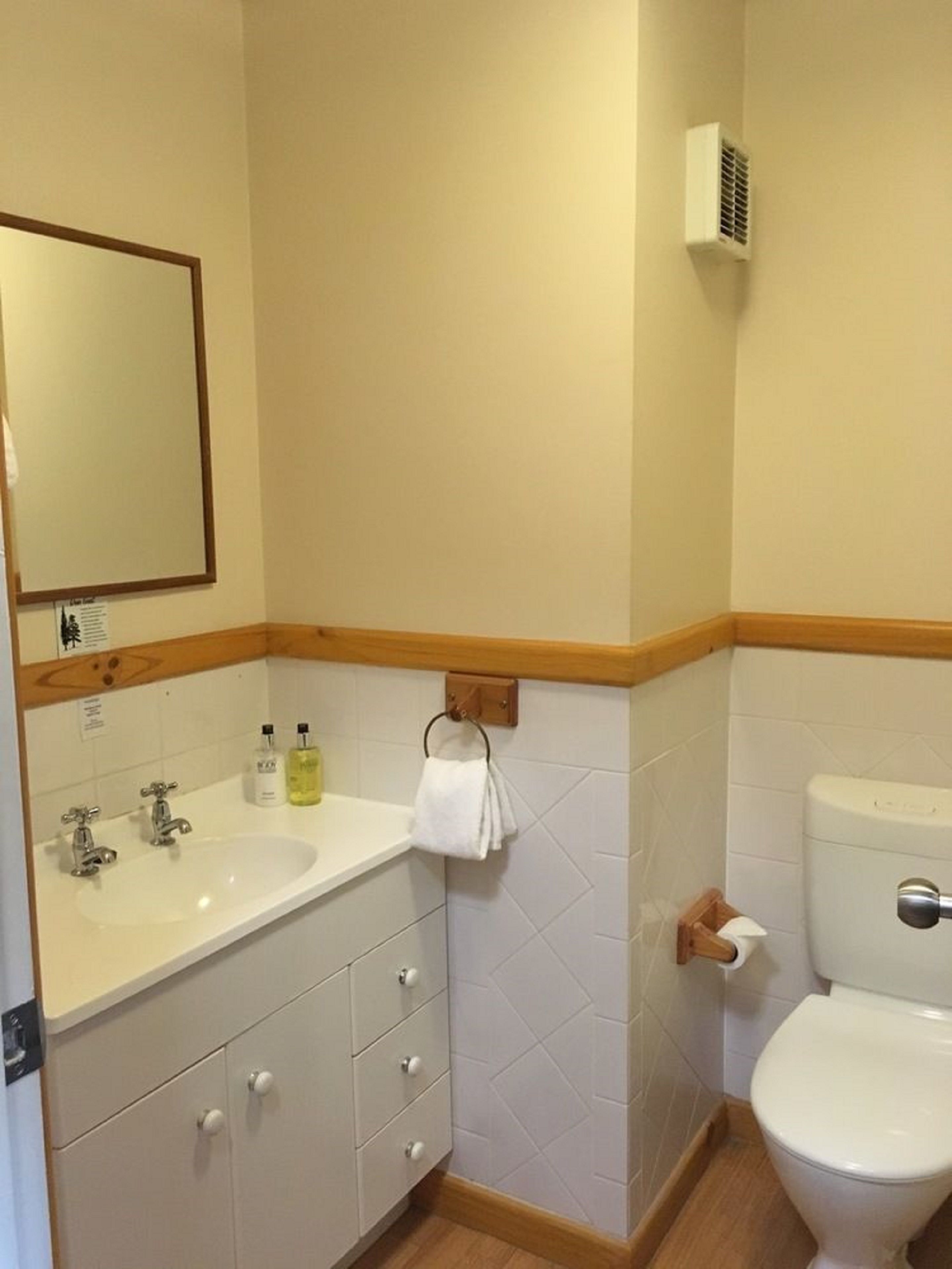 A bathroom with a sink, mirror, toilet, and wooden floor.