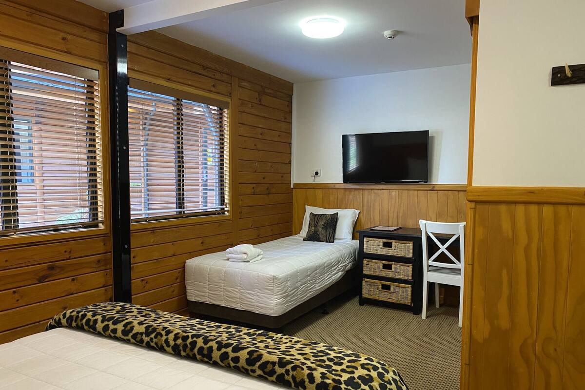 Une chambre à coucher avec un lit, un bureau et un téléviseur.