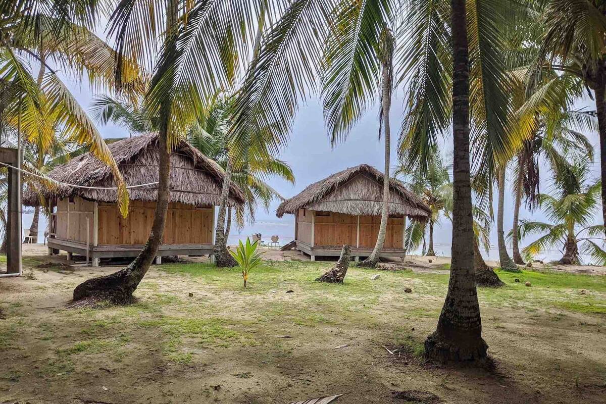 A beachside resort with thatched-roof huts, palm trees, and a sandy beach.