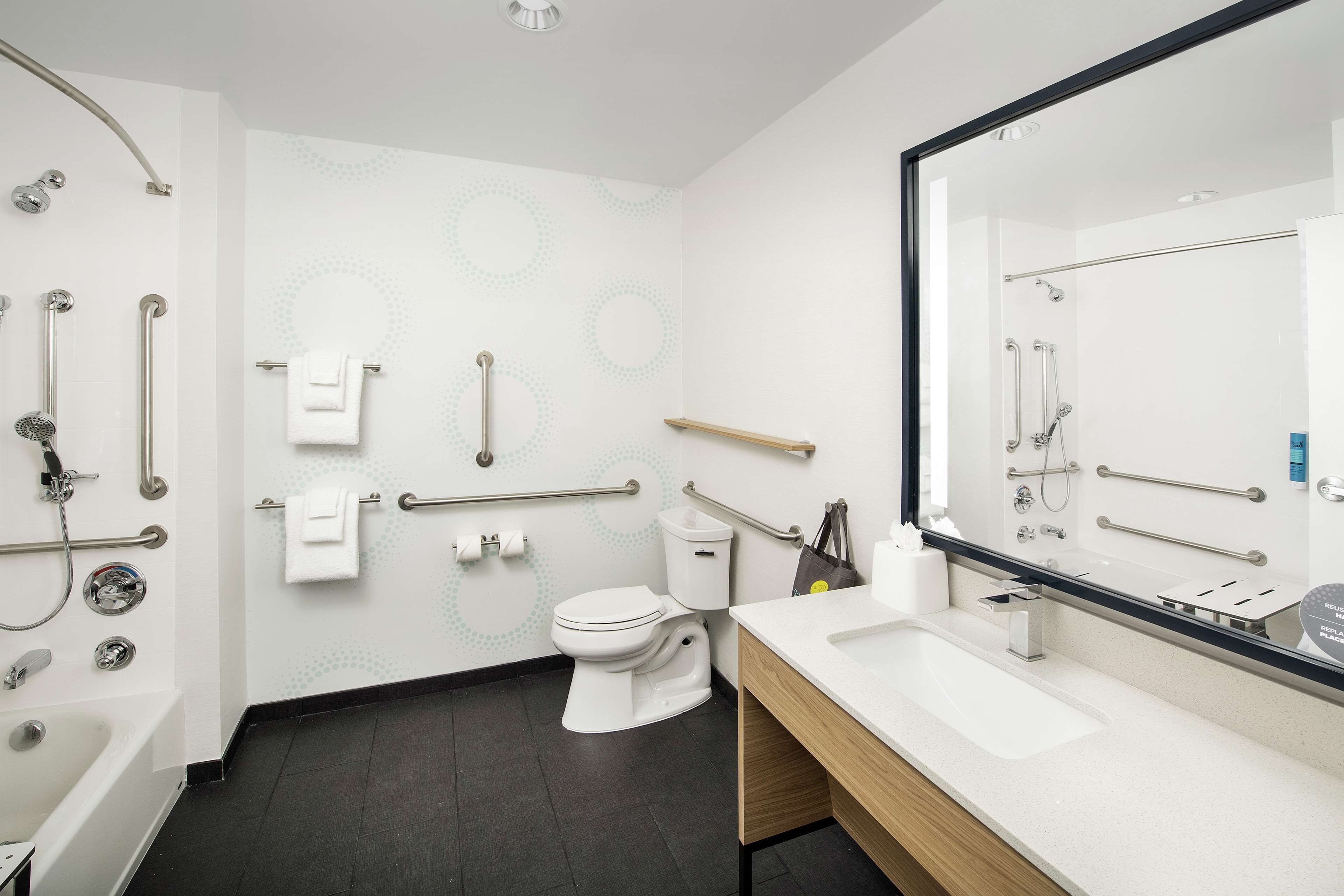 hair dryer, towels, soap, shampoo