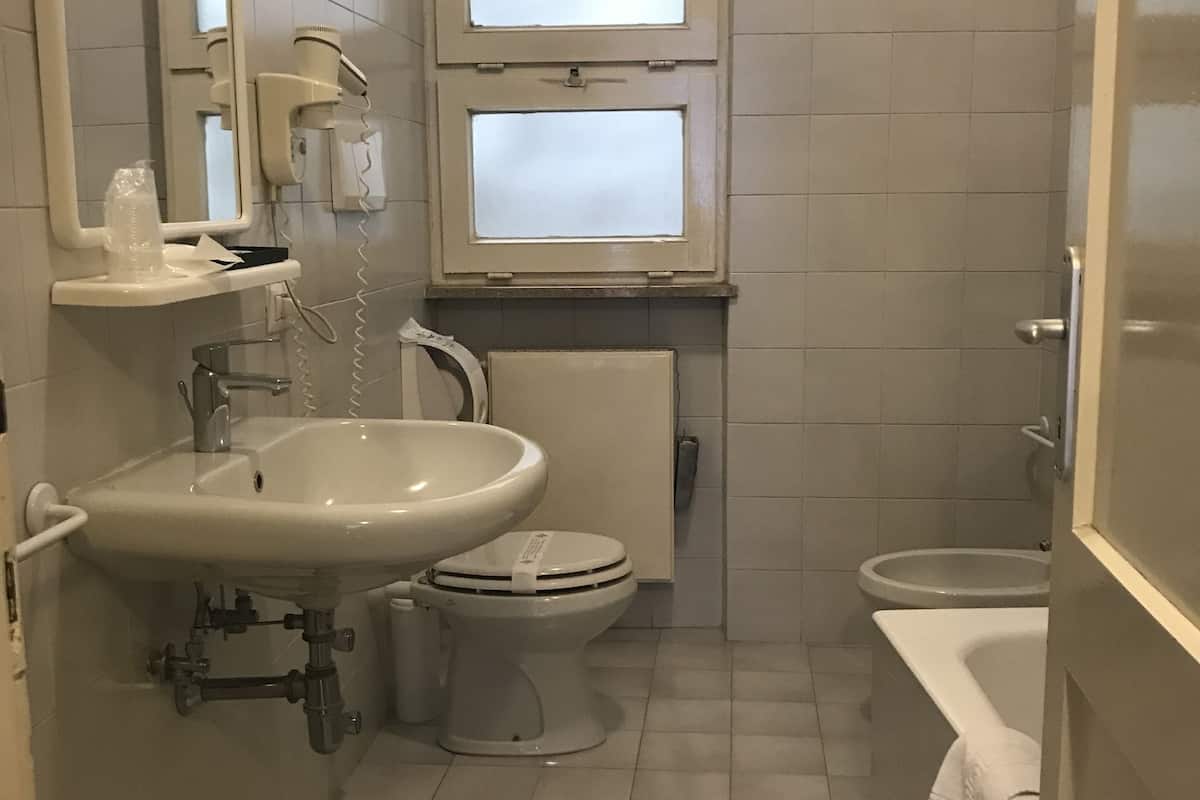 hair dryer, bidet, towels, soap