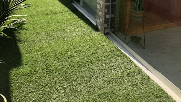 A modern building with large glass windows, a well-maintained artificial green lawn, and potted plants. - New House by The Beach (Pisco)
