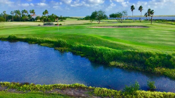 A golf course with a water body, palm trees, and a clear sky. - Half Moon Harbor- 15 HT (Laguna Vista)