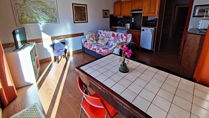 Un espacio habitable compacto con kitchenette, un sofá, una mesa de comedor y un televisor.