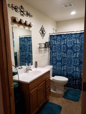 Combined shower/bathtub, hair dryer, towels, soap