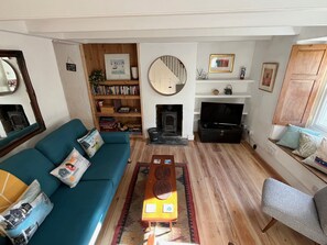 Smart TV, fireplace, books