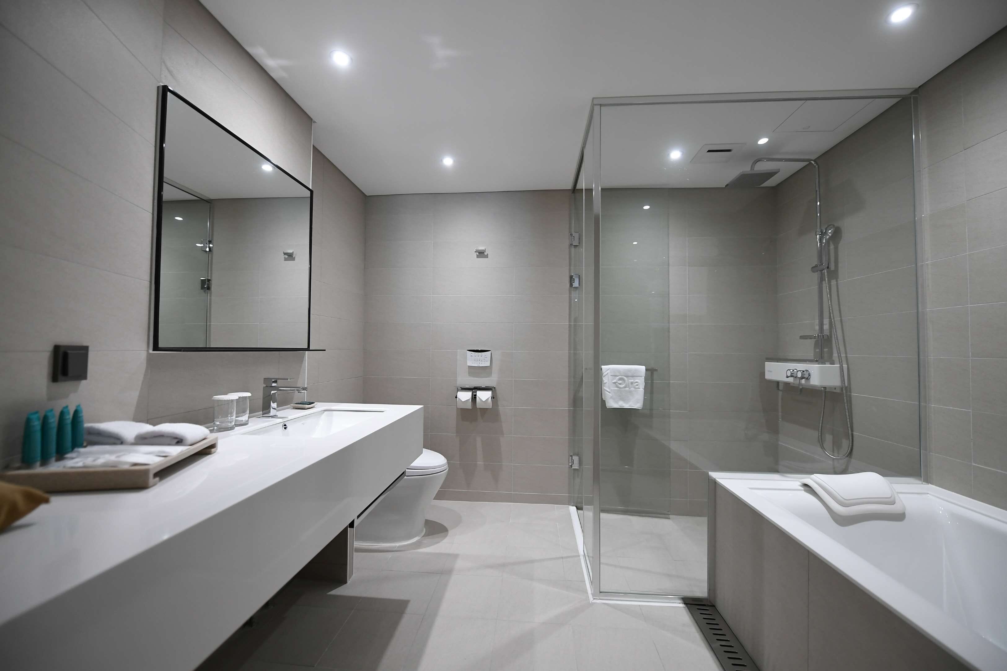 A modern bathroom with a glass-enclosed shower, a bathtub, and a large mirror.