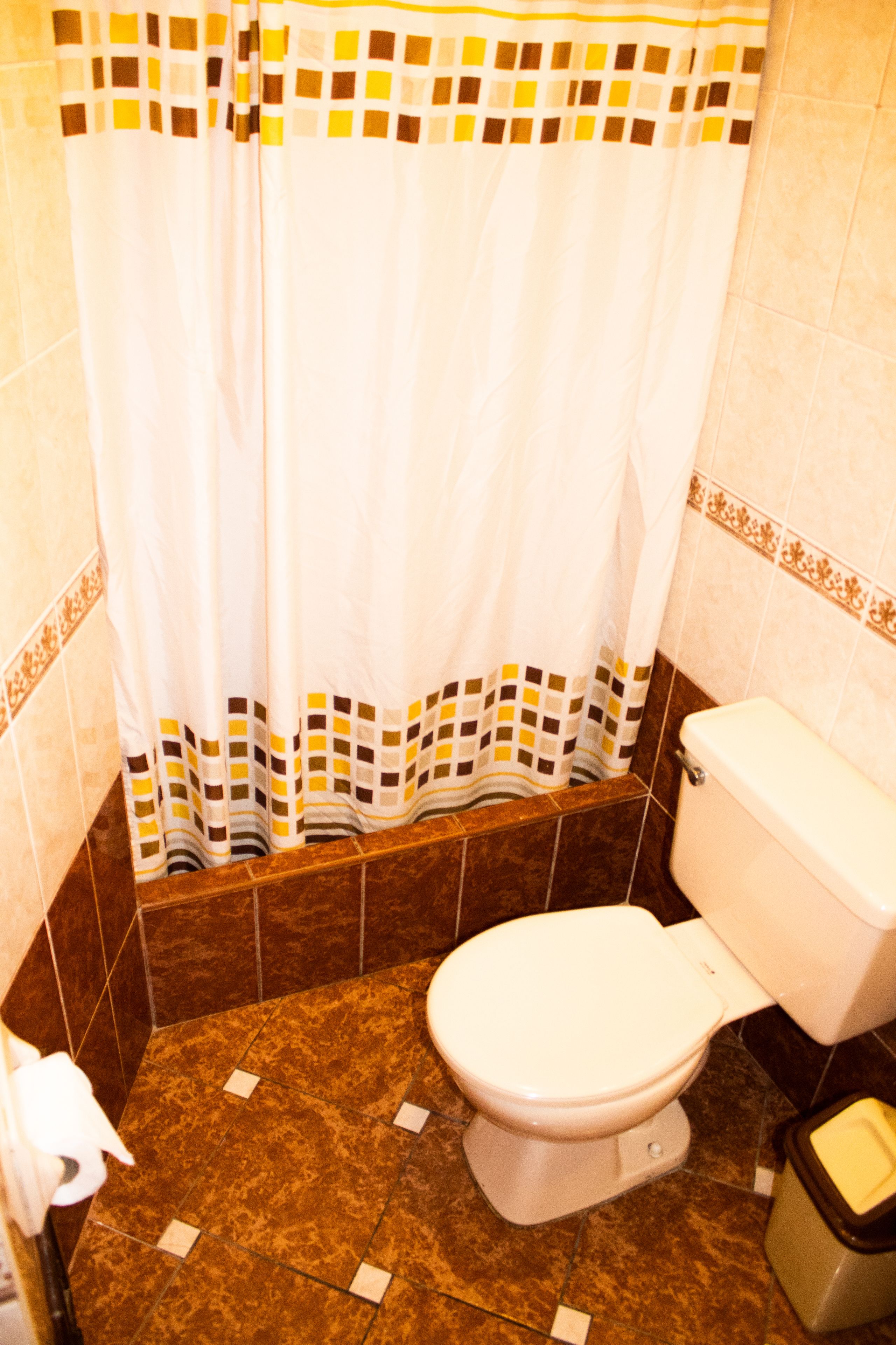 A bathroom with a toilet, a shower curtain with a checkered pattern, and brown tiled flooring.