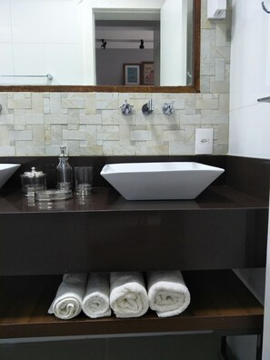 Hair dryer, towels, soap, shampoo