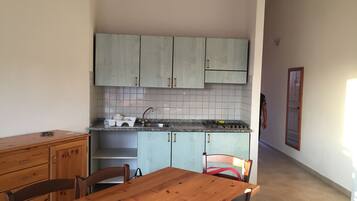 Fridge, microwave, stovetop, cookware/dishes/utensils