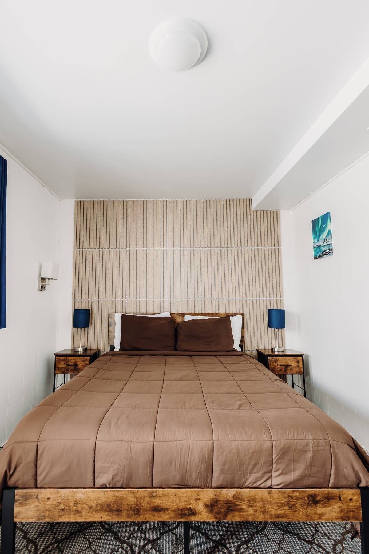 Desk, laptop workspace, blackout curtains, free WiFi