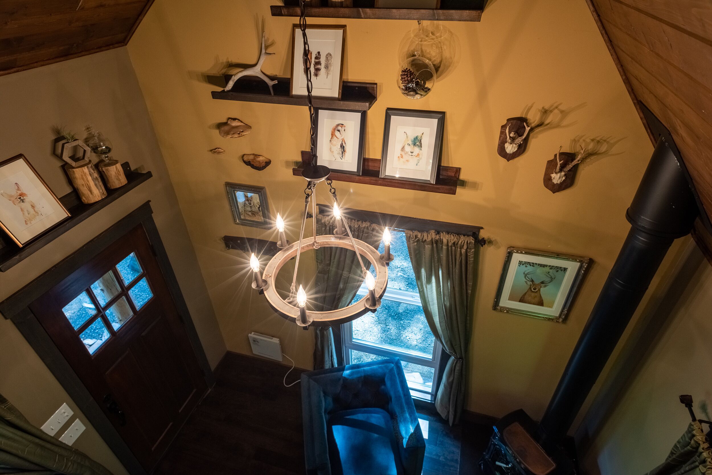 Een gezellige kamer met een houten plafond, een open haard, een blauwe fauteuil en diverse ingelijste foto's aan de wanden.